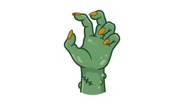 A creepy green zombie hand reaching out isolated on a white background in a fun cartoon illustration style