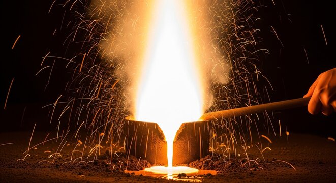 Industrial metal casting molten metal pouring with intense fiery sparks in workshop