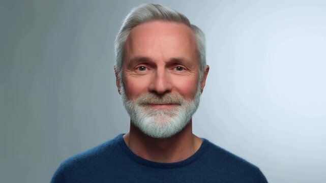 Time lapse man aging from clean shaven to white bearded in studio portrait, frontal progression of expression