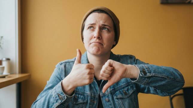 Young Person in Denim Jacket Showing Thumbs Up and Thumbs Down Mixed Emotions and Undecided Gesture in Cafe Setting