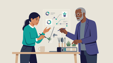 Fototapeta premium Professional business people discussing sustainable agriculture project strategy. EPS Editable. Vector Illustrations.