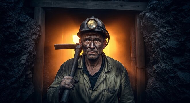 Determined miner holding lantern in dim industrial tunnel evoking gritty historical labor