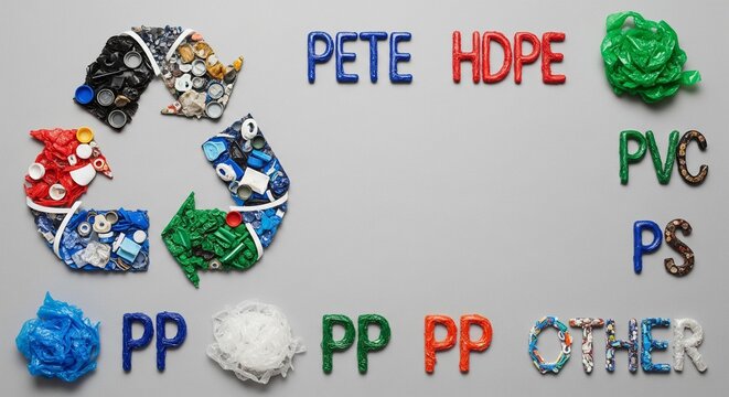 Colorful recycling symbols infographic showing plastic types PETE HDPE PVC PS PP with recycling concept
