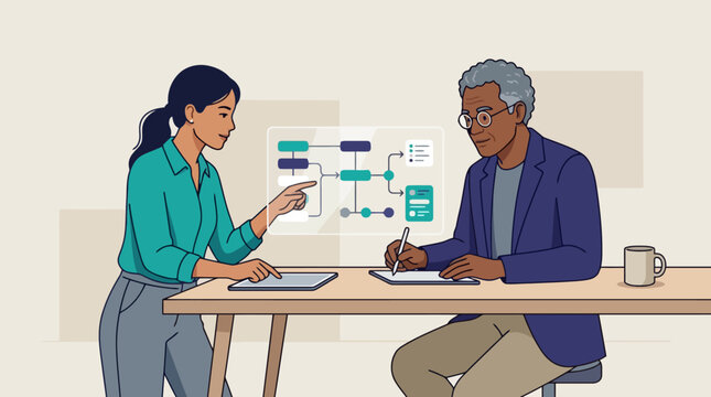 Professional business team collaborating on a project strategy with digital charts and documents. EPS Editable. Vector Illustrations.