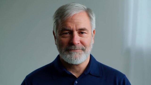 Time lapse portrait showing man maturing with hair and beard growth in indoor studio static frontal close up, subtle smile and expression change