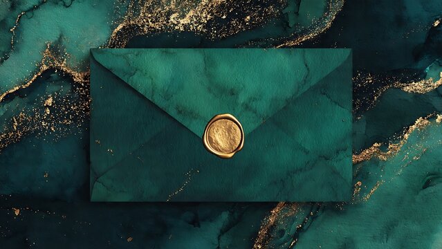 Luxury Golden Envelope Watercolor Icon - Emerald Green Marble Background for Business and Invitation Design