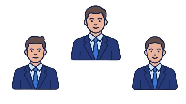 Businessman avatar icons set of three corporate male characters in blue suits vector illustration