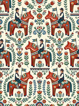 Nordic folk art seamless pattern with horse riders and flowers