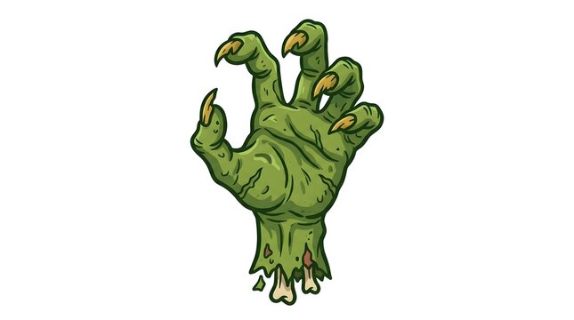 A creepy green severed zombie hand with sharp claws isolated on a white background for halloween horror design