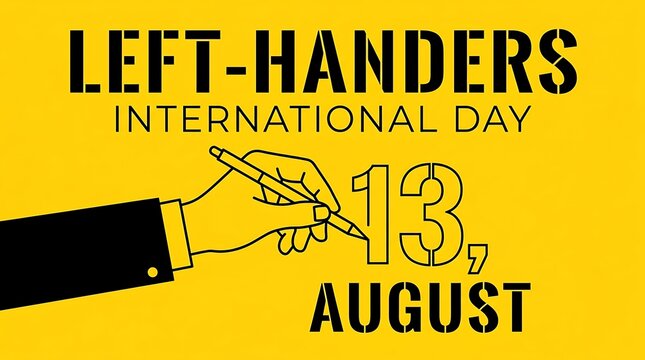 International Left-Handers Day banner on yellow background, left hand holding pen illustration, August 13 celebration graphic for social media