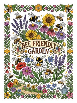 Bee friendly garden poster with wild flowers and bumblebees