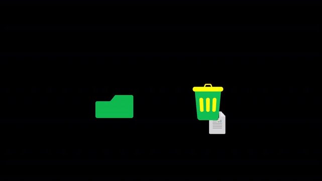 Flat color file to trash animation with alpha channel for document deletion and digital file management