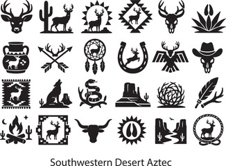 Obraz premium Southwestern Desert Aztec Pattern Mule Deer Western Icon Set - Minimalist Vectors