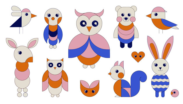 Vibrant Hand Drawn Flat Vector Collection of Stylized Geometric Animals Including Owl Bird Squirrel and Rabbit Icons