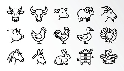 Obraz premium Set of hand drawn farm animal icons including cow sheep goat pig chicken rooster duck and rabbit