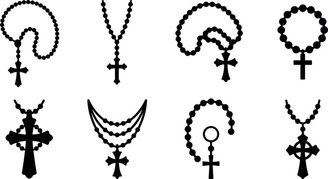PrintChristian Rosary Beads Icon Set with Holy Cross and Crucifix Symbols for Religious Design, Prayer Apps, Spiritual Graphics, and Tattoo Templates