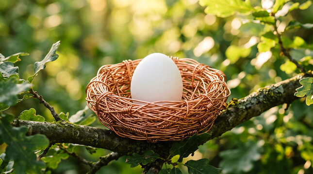 Close-up of a bird's nest with a single white egg on a tree branch in natural sunlight