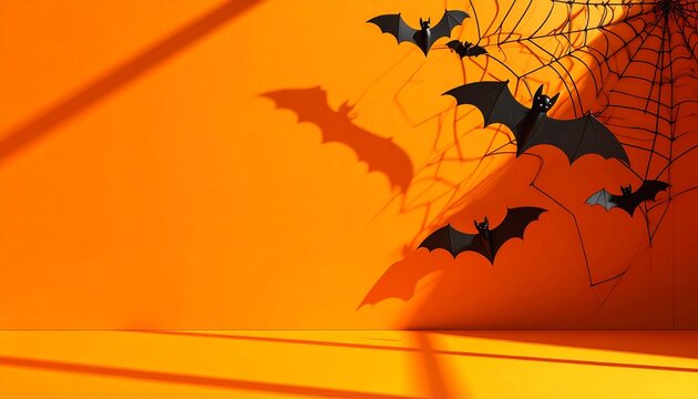 Halloween scene with black bats and spider web decorations on an orange background with dramatic shadows
