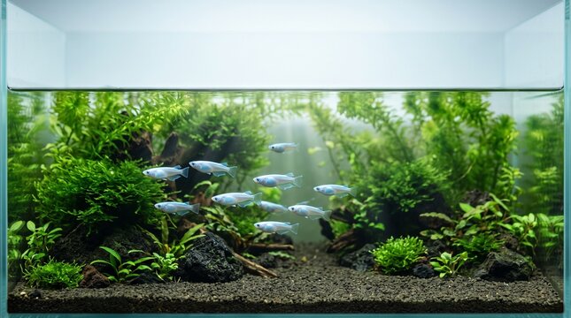 水草が茂るおしゃれなガラス水槽内を泳ぐ幹之メダカの群れ