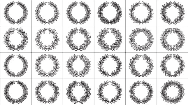 Collection of twenty circular laurel wreaths and oak leaf frames in black ink style isolated on a white background, for heraldic