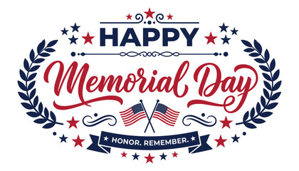 Happy Memorial Day typography design with American flags and laurel wreath © MonoMark Icons
