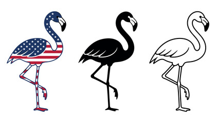 Naklejka premium Three stylized flamingo illustrations in American flag, black silhouette, and outline styles