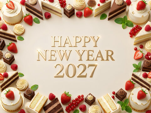 Festive new year 2027 celebration with delicious sweets and berries arrangement