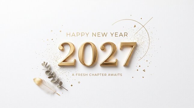 Minimalist Happy New Year 2027 background with gold text elegant champagne glass and ring ribbon