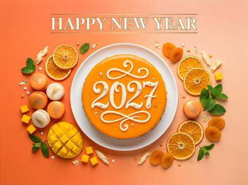 New year 2027 celebration with orange cake citrus fruits and festive treats