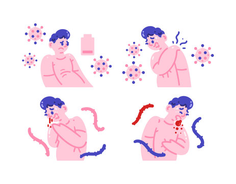 A collection of illustrations of people with viral infection symptoms. Weakness, muscle and joint pain, bleeding, nosebleeds, and vomiting blood. Disease. Characters, gestures, and expressions. Flat 
