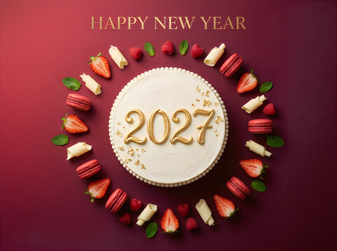 New year 2027 celebration cake with strawberries macarons and raspberries