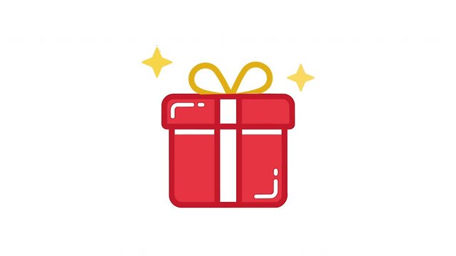Red gift box illustration with yellow bow and sparkling stars on white background