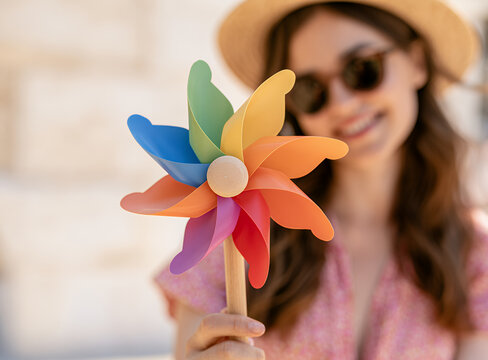 Young woman holding colorful pinwheel on sunny summer day