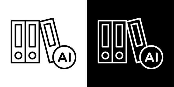AI document archive icon with binder folders and AI badge, for data management, office automation, and filing system apps
