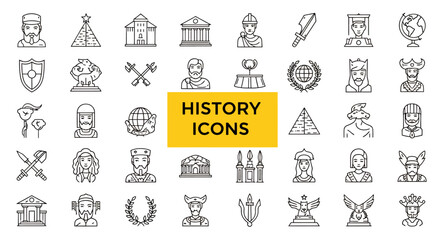 Fototapeta premium Collection of History Icons: Vintage Symbols and Educational Storytelling Elements.