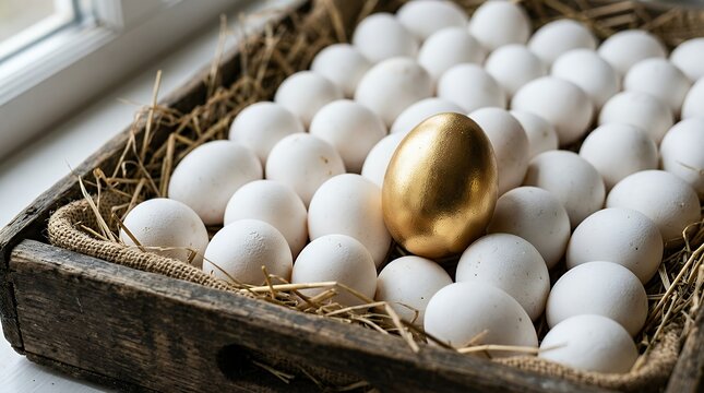 A striking and symbolic close-up of a golden egg among many regular white eggs representing uniqueness value and the concept of a rare treasure. golden egg in the middle of many white eggs close up