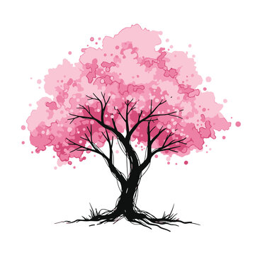Beautiful pink watercolor cherry blossom tree illustration. EPS Editable