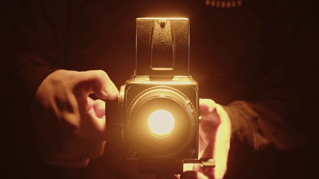 Slow motion footage of hands holding a vintage medium format camera with glowing lens celebrating world photography day