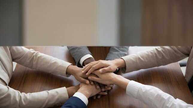 A diverse group of business professionals joining their hands together on a desk symbolizing teamwork unity and collaboration during a meeting for a success concept diverse business team uniting