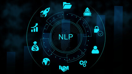 Fototapeta premium Digital interface displaying the acronym nlp in the center with glowing blue representing business, technology, and data management concepts on a dark background, with bar charts