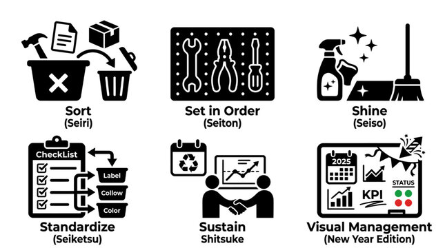 5S Lean manufacturing methodology icons for workplace organization.