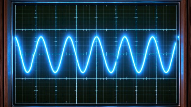 A vibrant blue sine wave displayed on a glowing, grid-lined screen