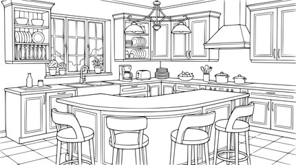 Fototapeta premium Detailed modern kitchen interior coloring page with island and stools