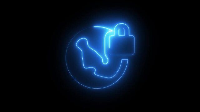 Glowing blue neon globe icon with a secure padlock symbol