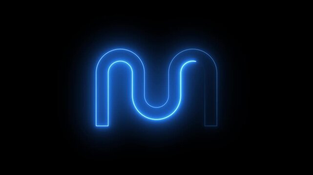 Glowing blue neon letter m symbol on black background