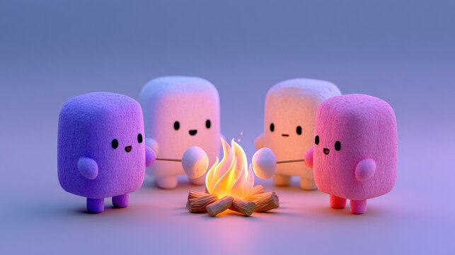 Four cute characters sit around a small campfire in pastel colors, toasting marshmallows at dusk. The scene is warm and inviting.