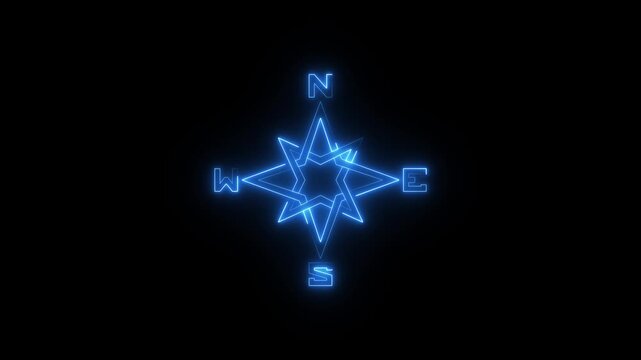 Glowing blue neon compass symbol on dark background