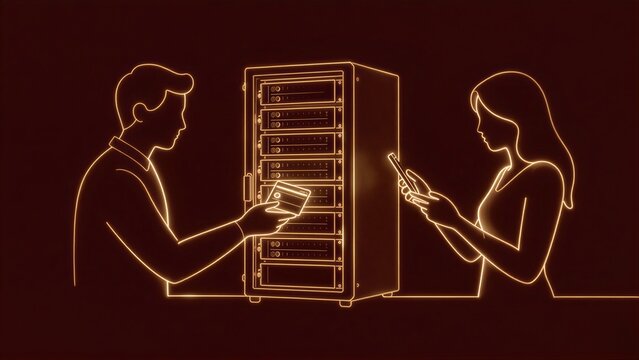 Two figures interact with server rack, one handing device, another holding phone.