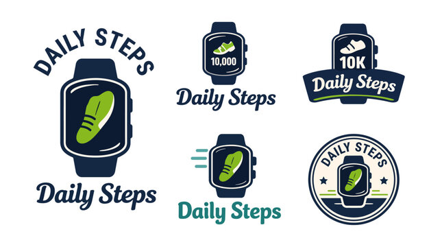 This image showcases various designs for daily steps tracking, featuring a smartwatch representation and clear visual cues for health and fitness awareness.