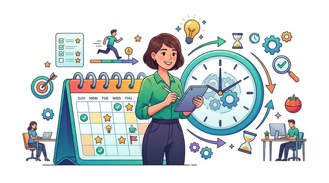 Woman planning schedule with calendar. Professional time management and productivity concept.